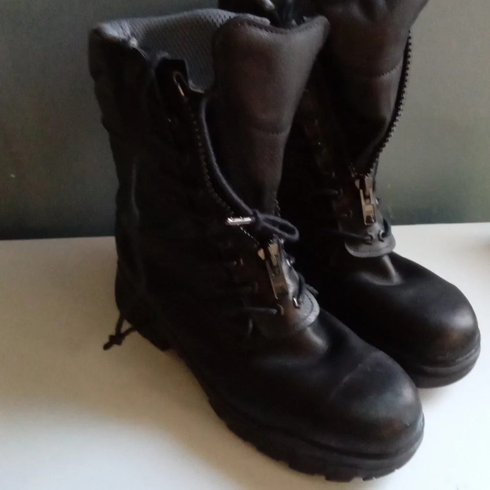 Black Leather Combat Boots Side Zip Lace Up Chunky Sole Work Military Style Mens